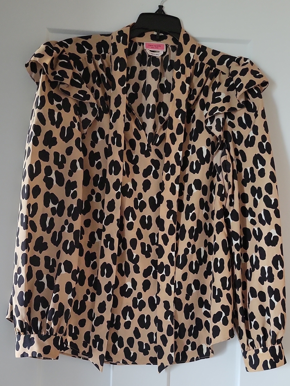 kate spade tan and black leopard ruffle V-neck blouse
